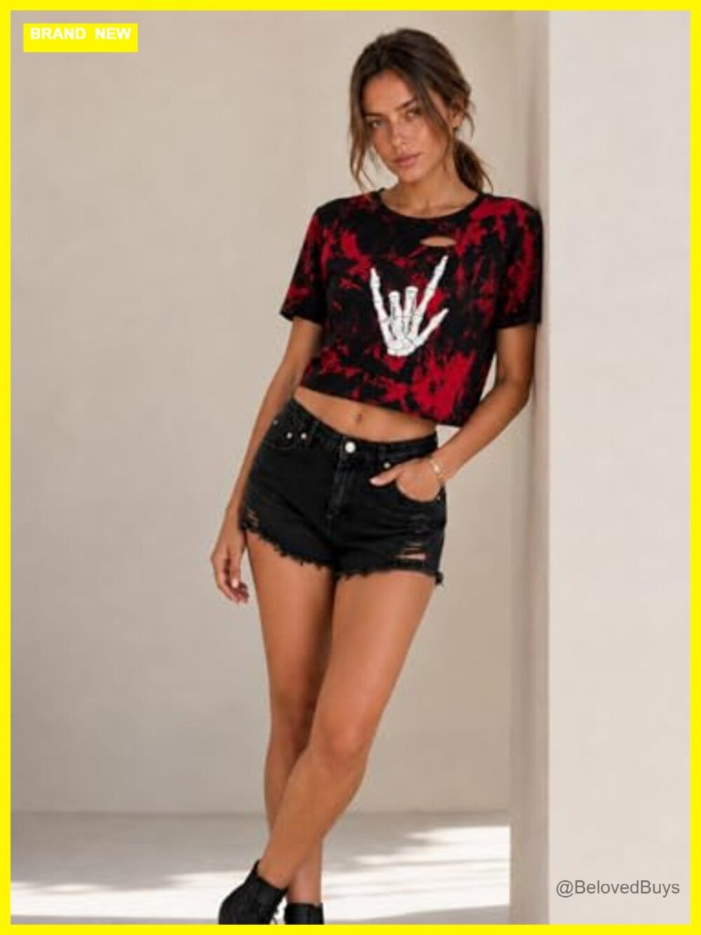 Graphic Crop Top Short Sleeve Tie Dye Cut Out T Shirt Casual Loose Fit Summer - Picture 4 of 5